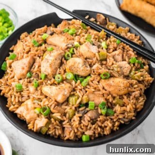 A beautifully presented bowl of chicken fried rice with chopsticks.