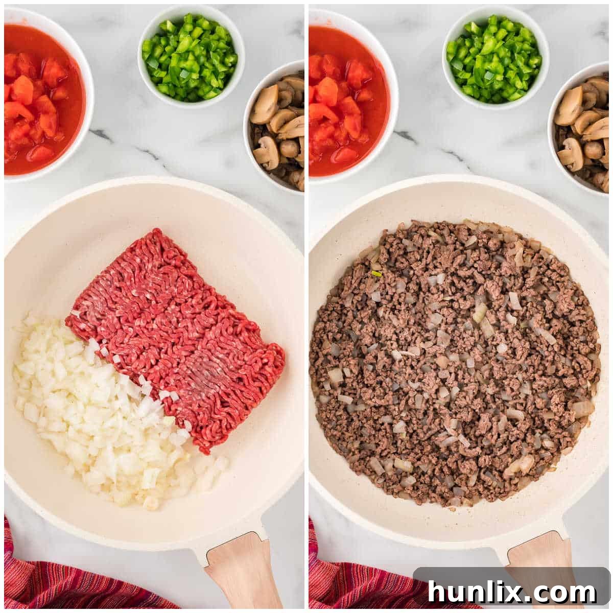 Easy Skillet Spaghetti 4 First step in making one-pan spaghetti, showing ground beef and diced onions browning in a skillet.