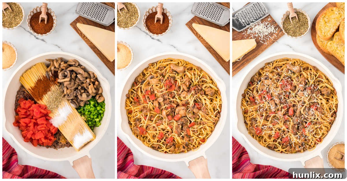 Easy Skillet Spaghetti 5 Second step in making one-pan spaghetti, showing all ingredients combined and simmering in a covered skillet.