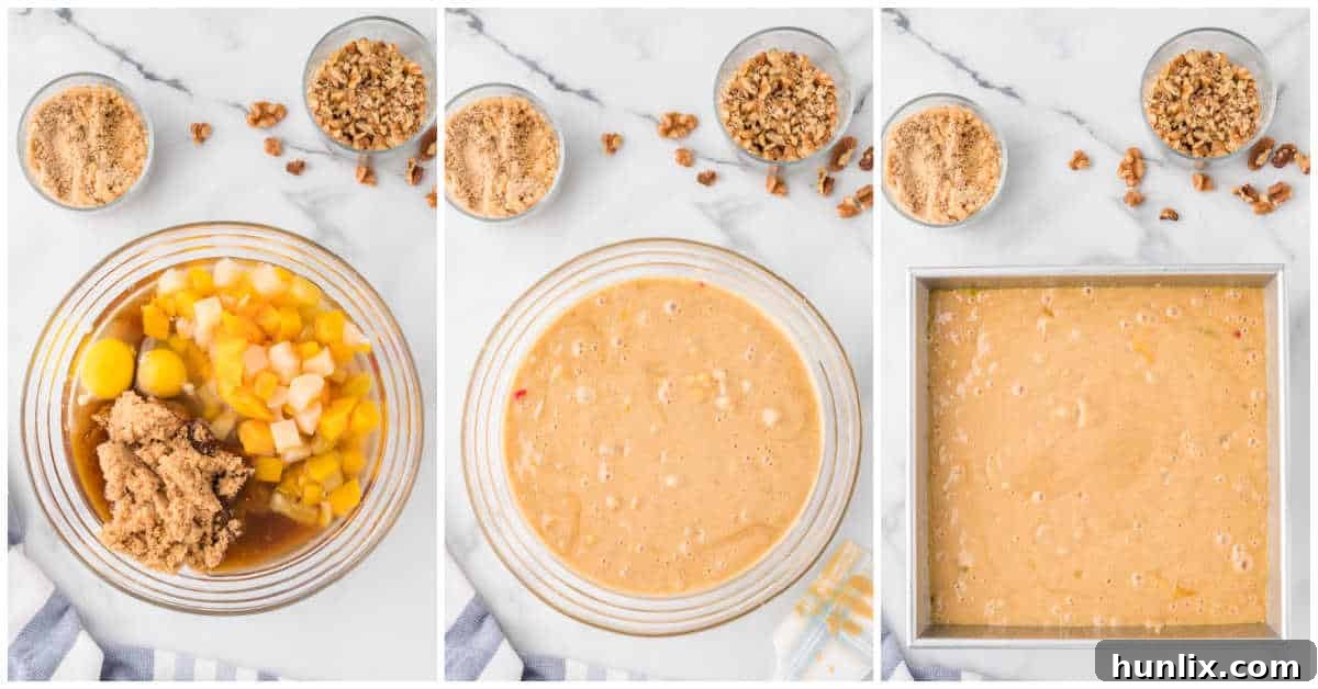 Collage of mixing ingredients in a bowl and adding to a baking pan.