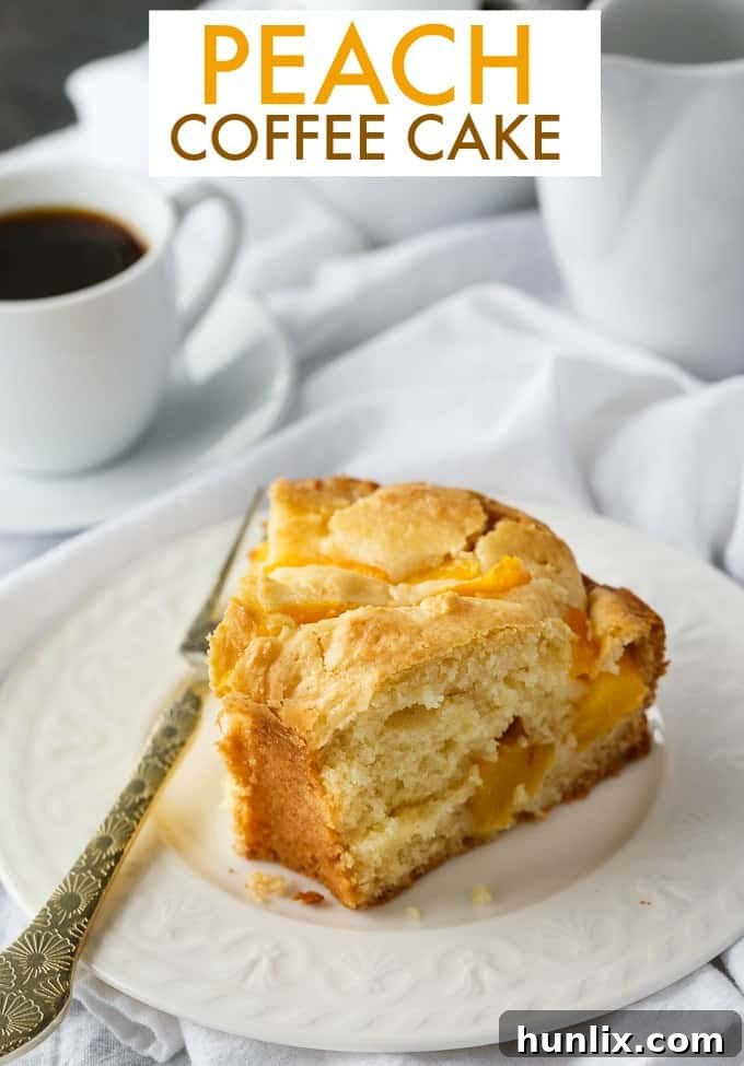 A selection of fresh baking ingredients, including flour, eggs, sugar, and canned peaches, prepared for making coffee cake