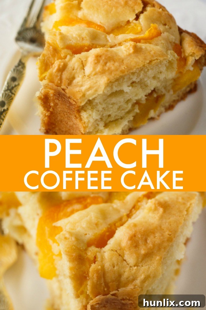 A visual summary of the Peach Coffee Cake making process, from ingredients to a beautifully sliced cake