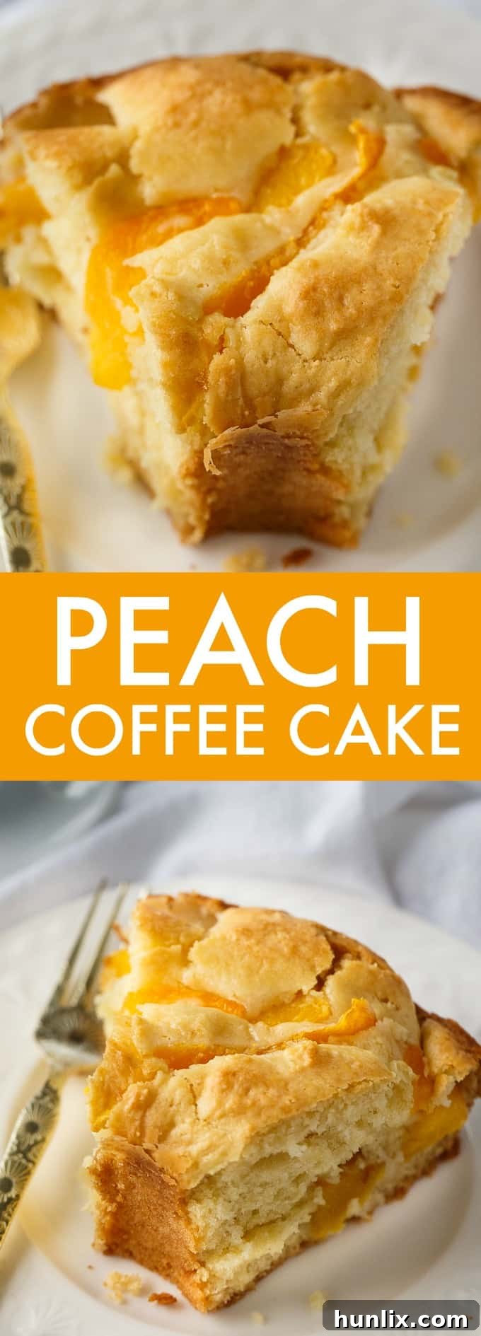A close-up of a generous slice of Peach Coffee Cake, highlighting its moist interior and visible peach chunks