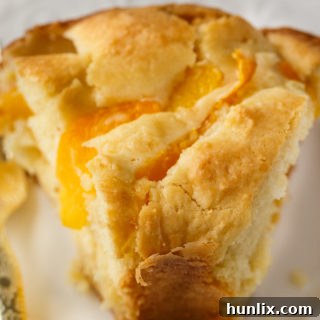 Beautifully baked Peach Coffee Cake with a hint of powdered sugar