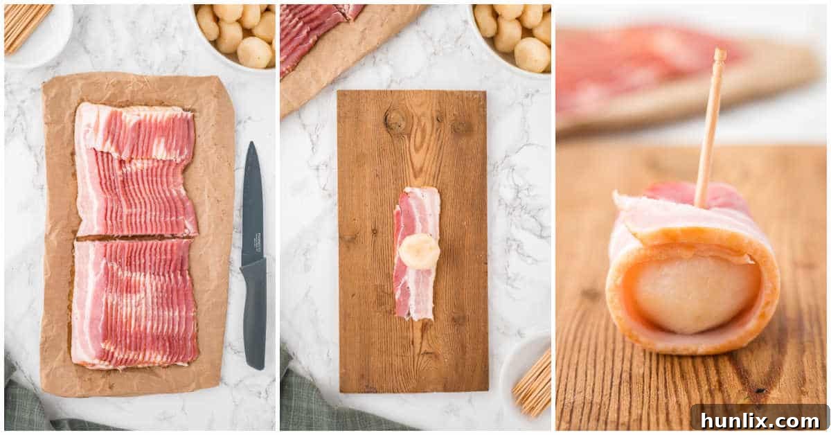 Step-by-step preparation image showing bacon being wrapped around water chestnuts and secured with toothpicks, placed in a baking dish.