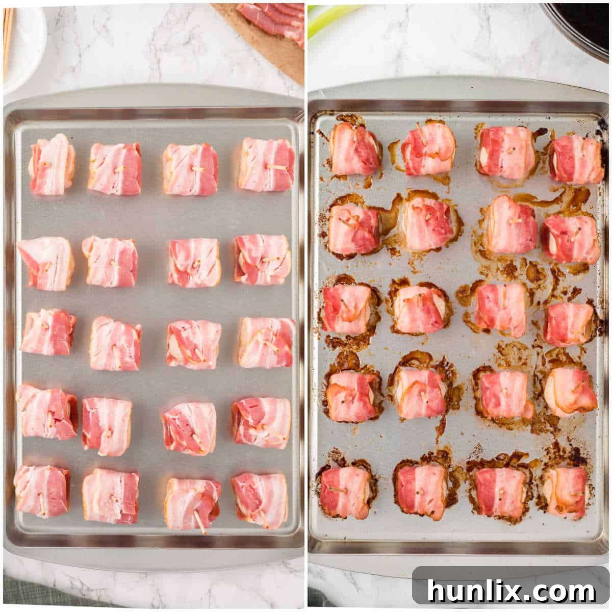 A baking pan filled with partially cooked bacon wrapped water chestnuts, illustrating the draining of excess grease after the initial bake.