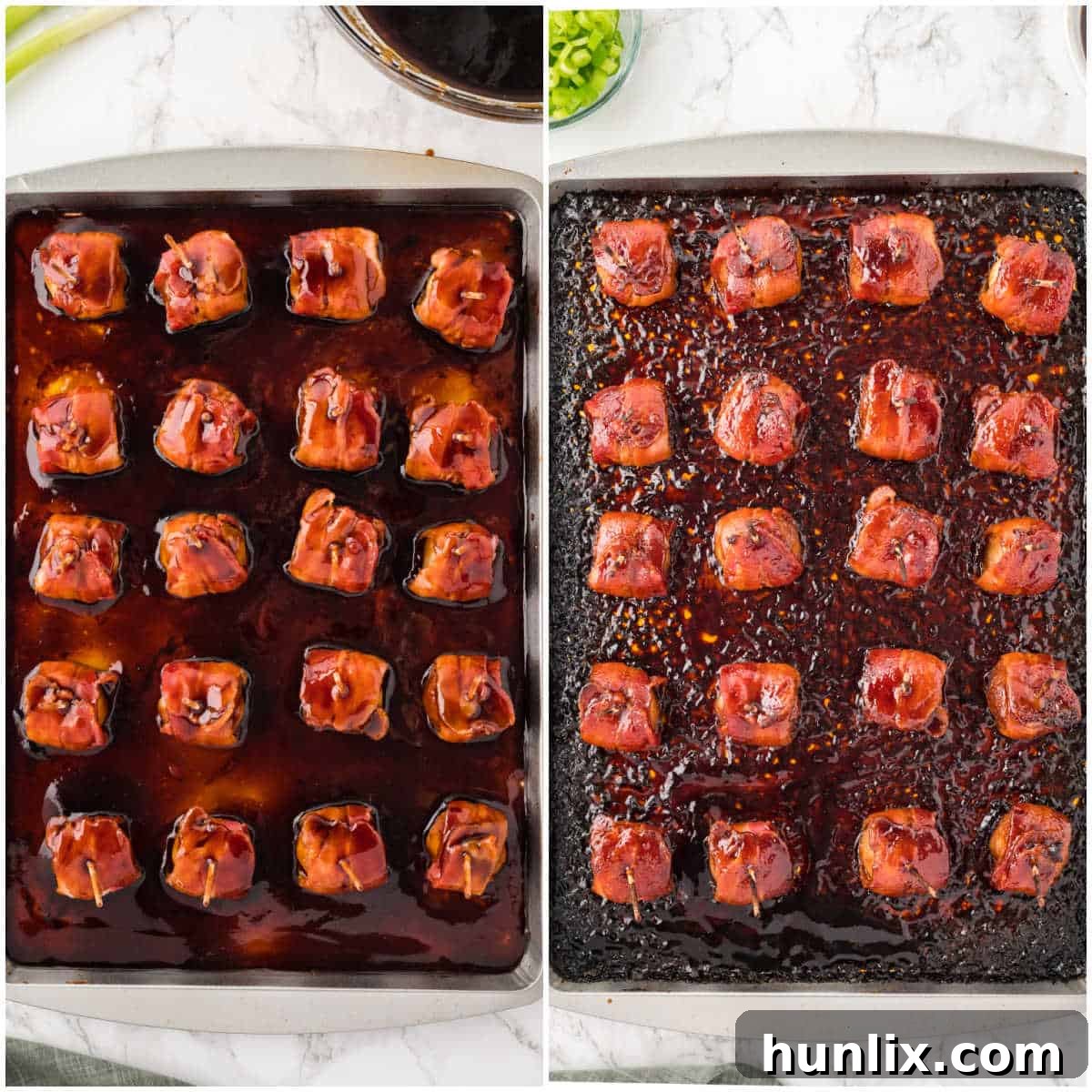 The final step of making bacon wrapped water chestnuts, showing the sweet and savory sauce poured over the partially cooked bacon, ready for the oven.
