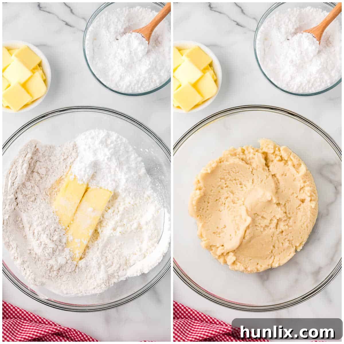A visual collage illustrating the process of making whipped shortbread cookie dough, from initial mixing to achieving a creamy consistency.