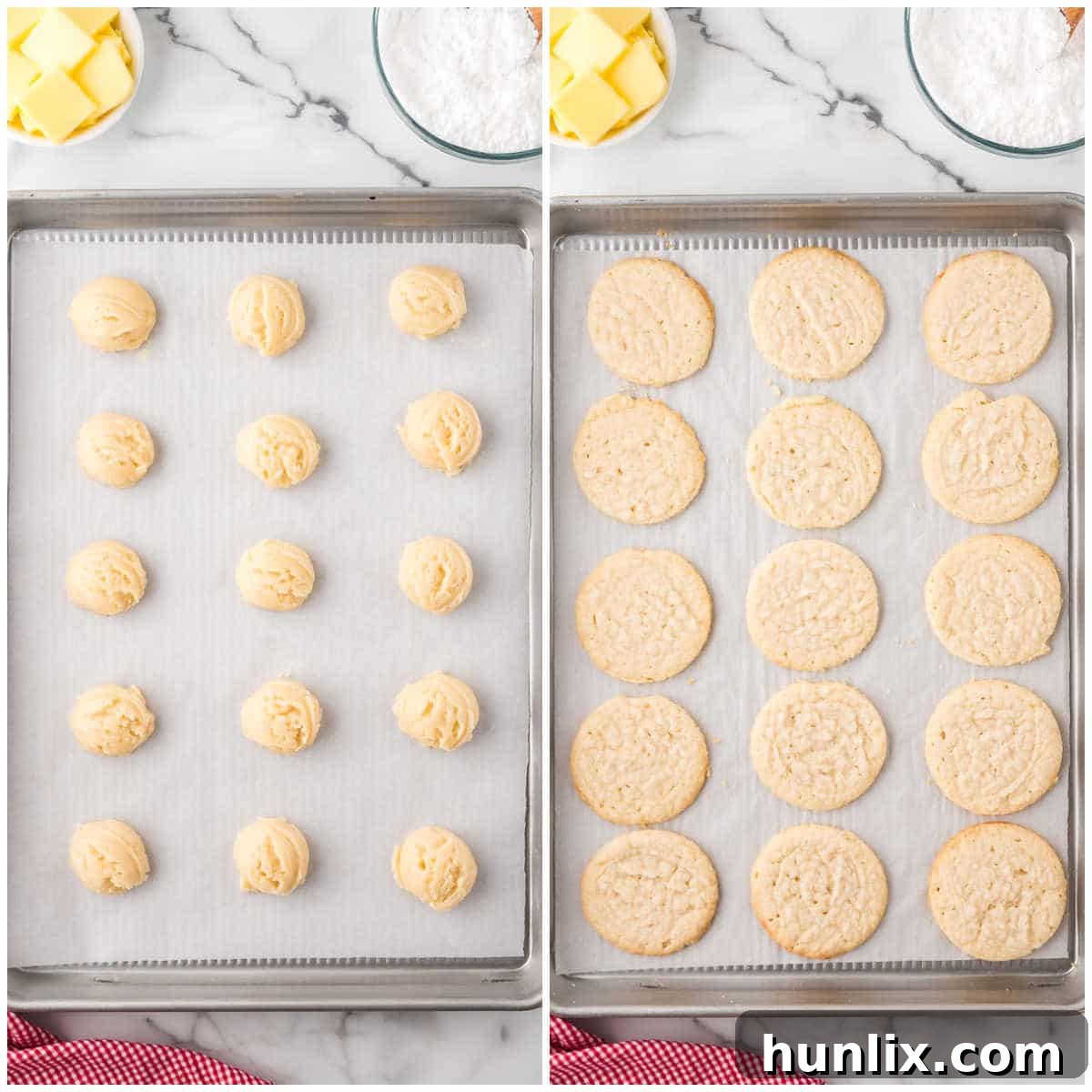A collage showing cookie dough being dropped onto a baking sheet and the finished cookies freshly baked.