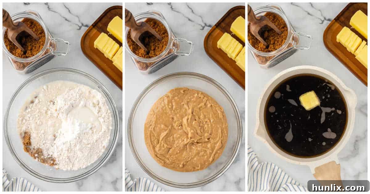 Two steps of making Half-Hour Pudding: mixing the batter and preparing the caramel sauce on the stove.