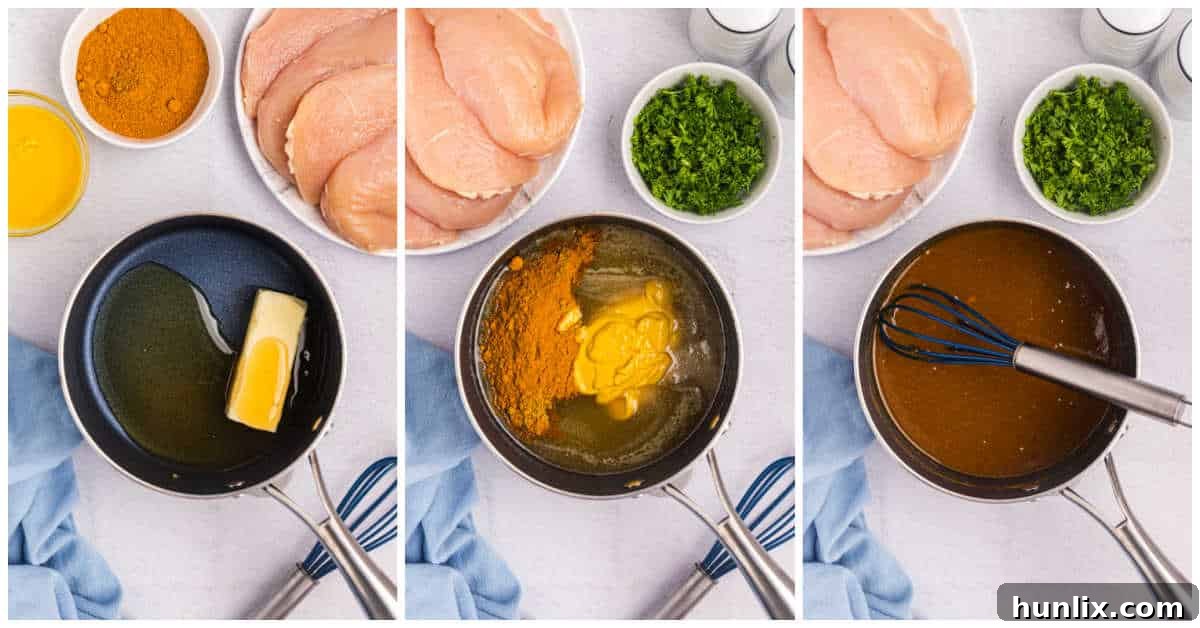 A saucepan on the stove with honey and butter melting, and a casserole dish with chicken breasts.