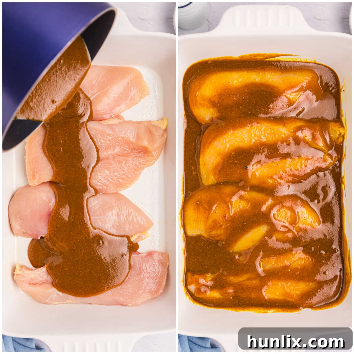 Chicken breasts covered in honey curry sauce in a casserole dish, ready for baking.