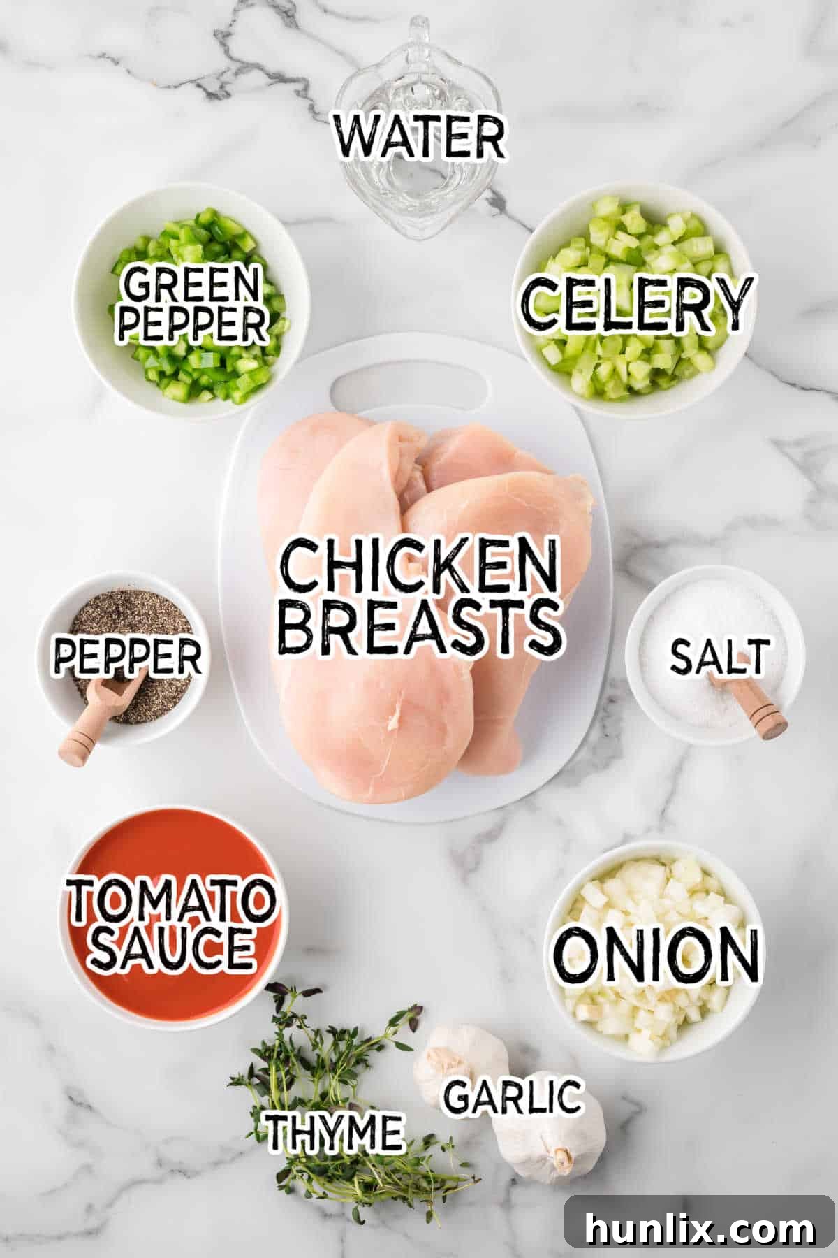 Ingredients on a white marble counter.