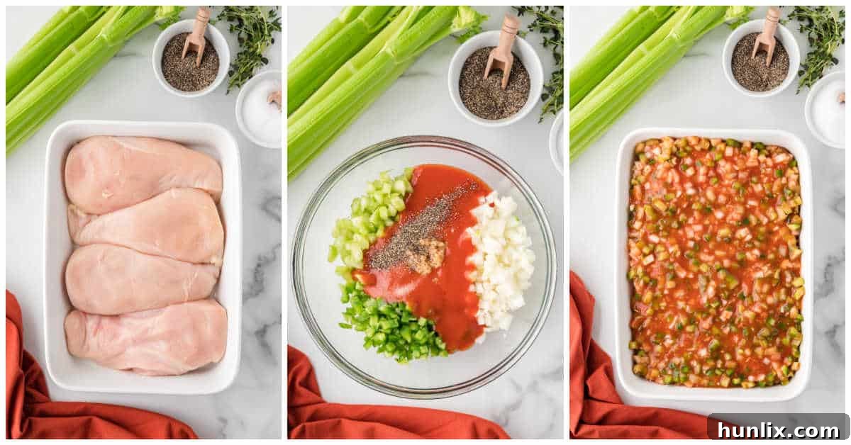 Collage of making the topping and baking the chicken.