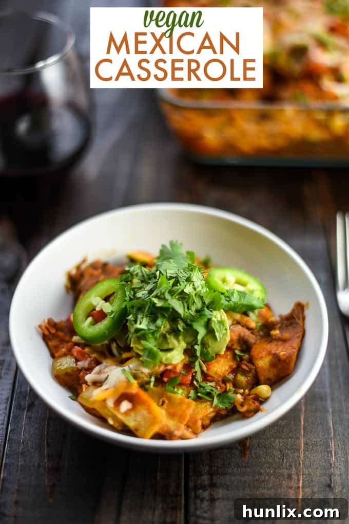 Text overlay: Vegan Mexican Casserole - a comforting and healthy plant-based meal.
