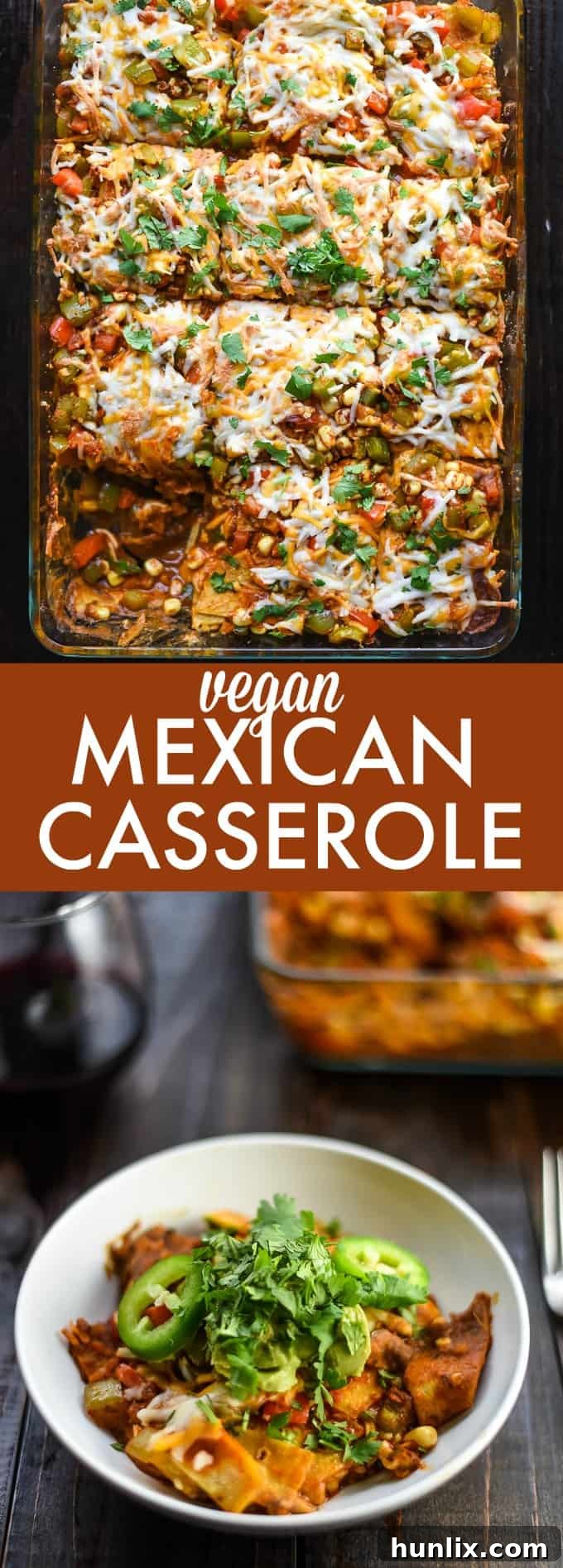 A large collage featuring multiple images of the Vegan Mexican Casserole, from ingredients to the final baked dish.