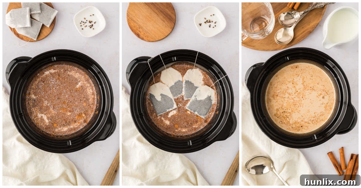 Collage of making the recipe in a black slow cooker.