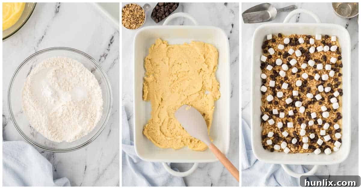 Steps to make Mud Hen Bars, showing the cookie base topped with walnuts, chocolate, and marshmallows.