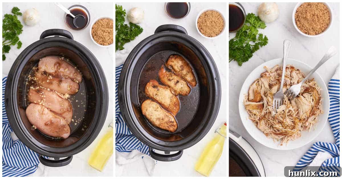 Sticky Sweet Brown Sugar Chicken 4 Collage showing chicken cooking in the slow cooker and being shredded in a bowl.