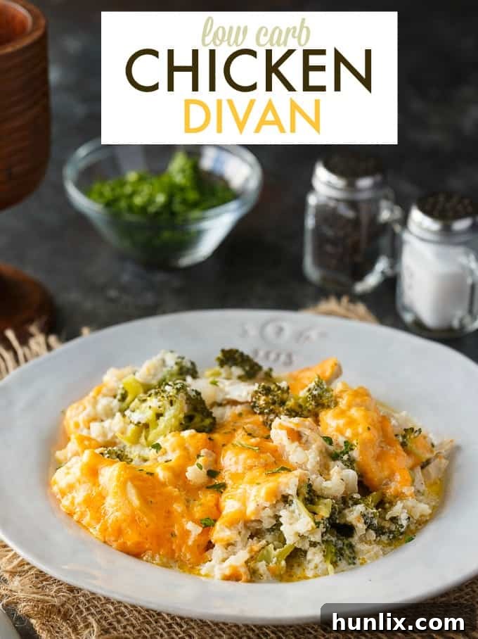 Keto Chicken Divan Bake 5 A serving of Low Carb Chicken Divan in a bowl, garnished with fresh parsley, highlighting its rich, cheesy sauce and tender ingredients.