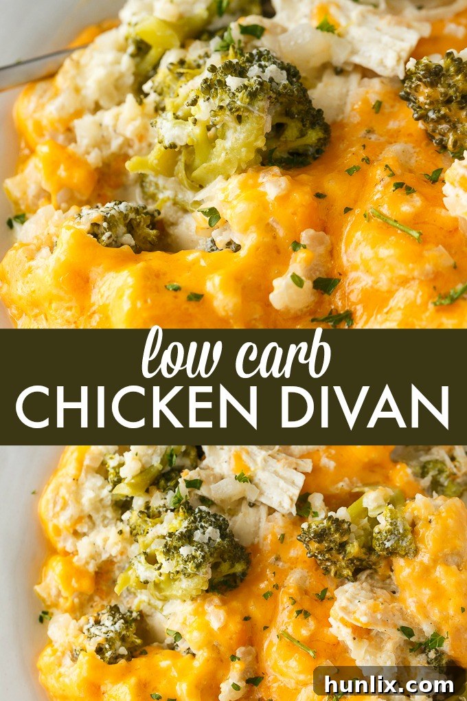 Keto Chicken Divan Bake 6 A collage of various images related to Low Carb Chicken Divan, showcasing the ingredients and the finished casserole from different angles.