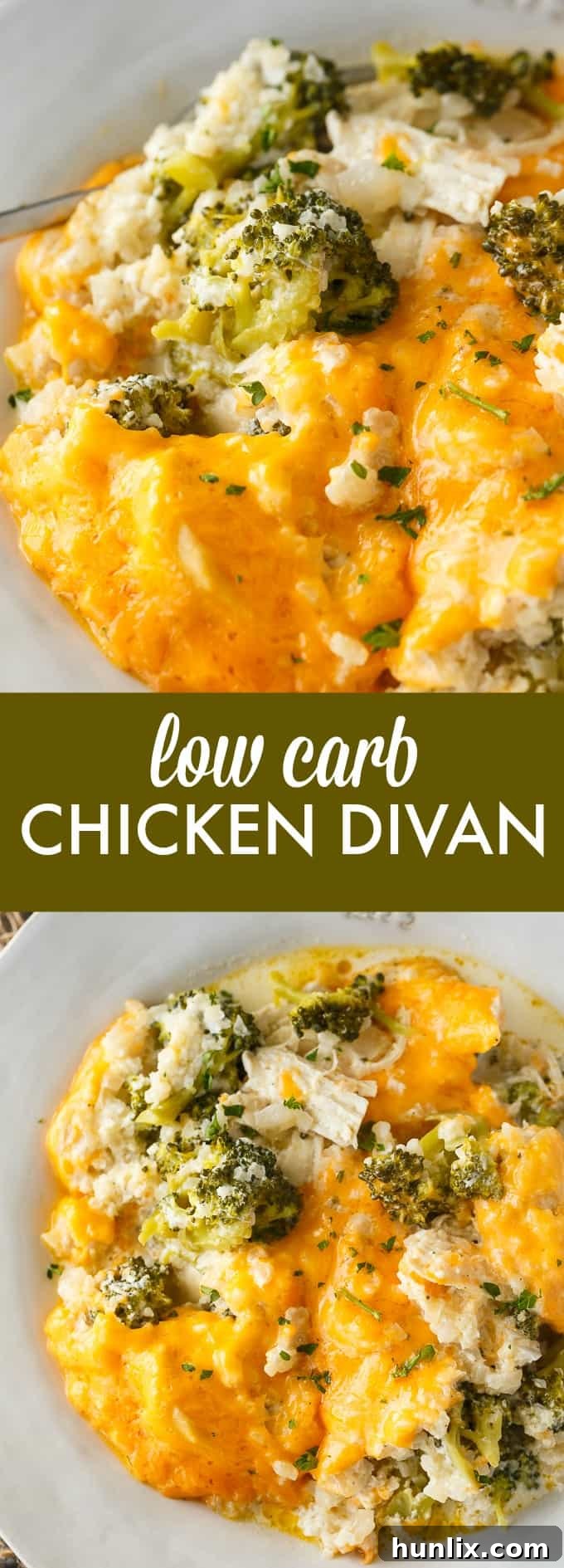 Keto Chicken Divan Bake 7 A vibrant long collage showcasing the preparation and final serving of Low Carb Chicken Divan, emphasizing its delicious appeal.