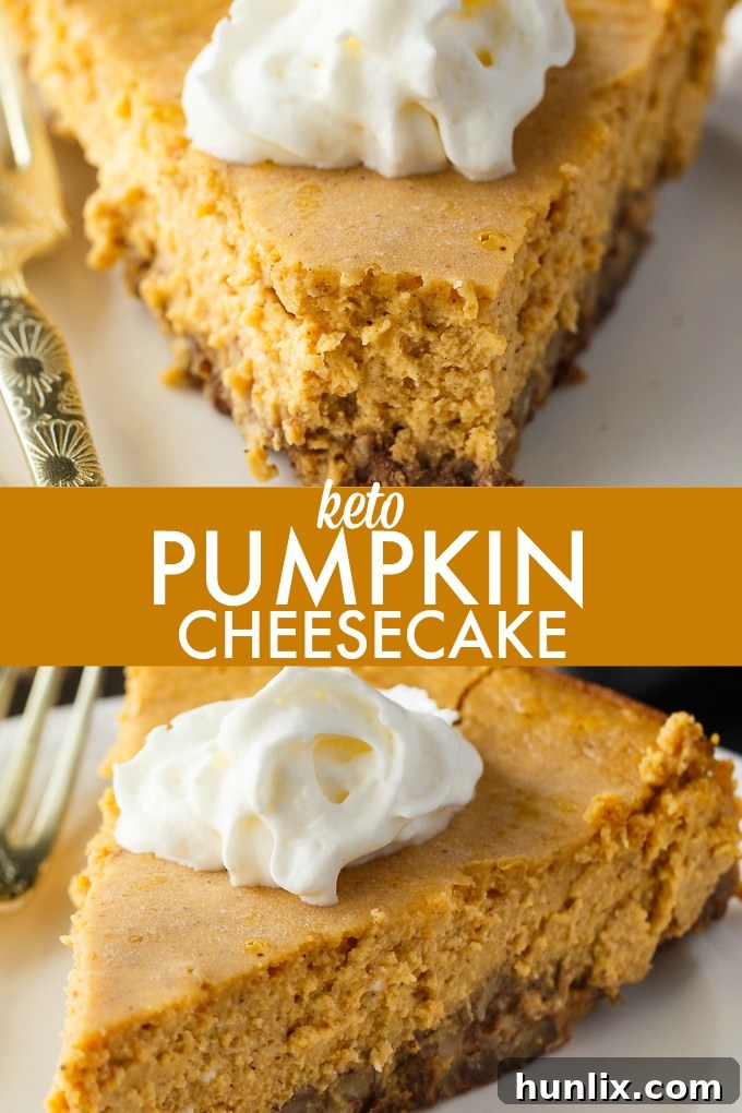 A collage of images showcasing the Keto Pumpkin Cheesecake, including ingredients and finished product.