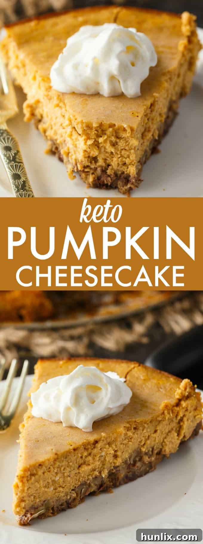 A comprehensive collage of Keto Pumpkin Cheesecake, showing various stages and serving suggestions.