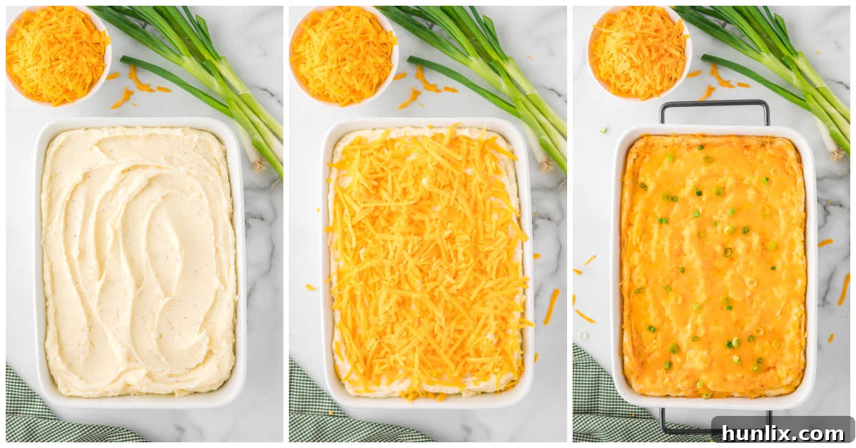 A collage showing mashed potatoes being spread into a casserole dish and topped with cheese before baking.