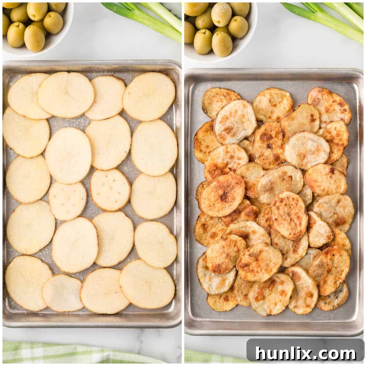 Loaded Potato Nachos 4 Two steps showing how to prepare potato nachos on a baking sheet: first, raw seasoned potato slices; second, browned potato slices.