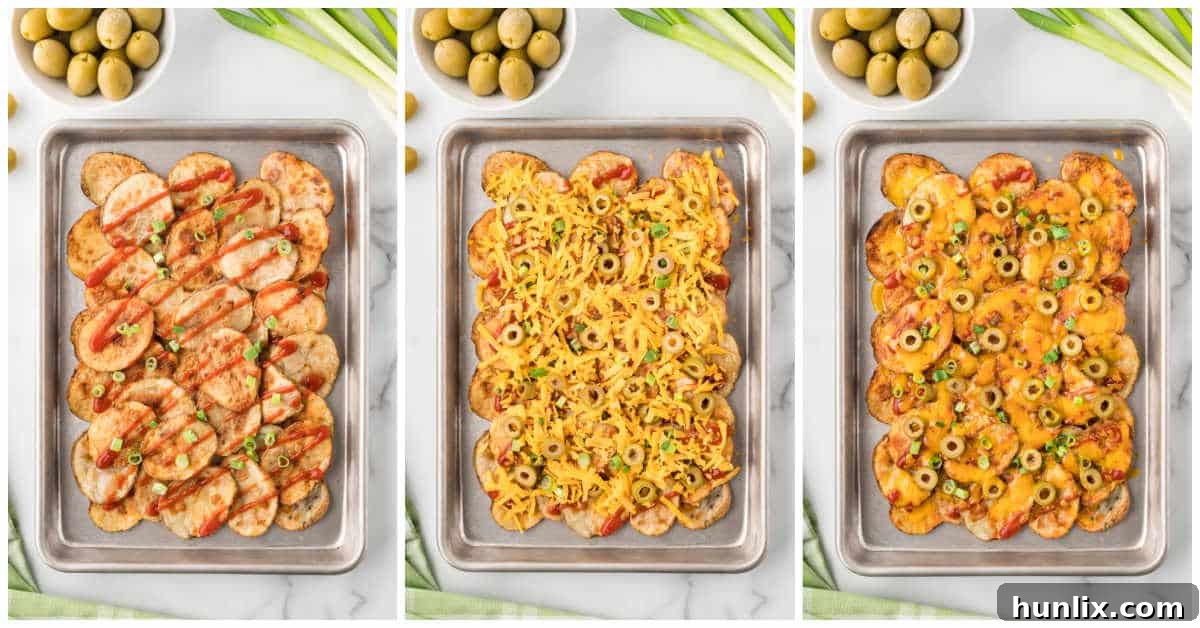 Loaded Potato Nachos 5 Two steps showing how to finish potato nachos: first, drizzling taco sauce and adding toppings; second, melted cheese on potato nachos.