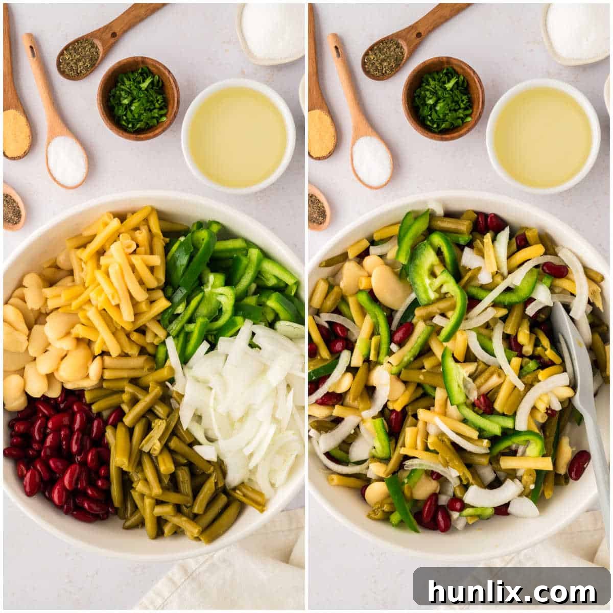 Vibrant Bean Medley 4 A visual guide showing the process of mixing various beans and freshly sliced vegetables in a large bowl before the dressing is added.