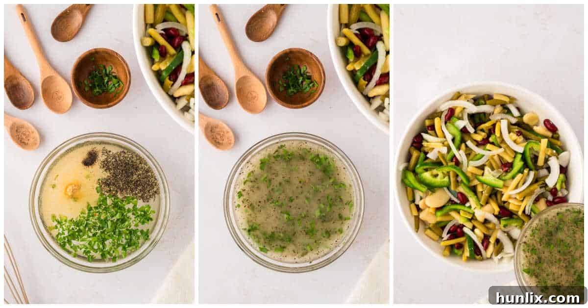 Vibrant Bean Medley 5 A visual guide showing the dressing being vigorously whisked in a small bowl, and then carefully poured over the bean salad mixture in a larger bowl.