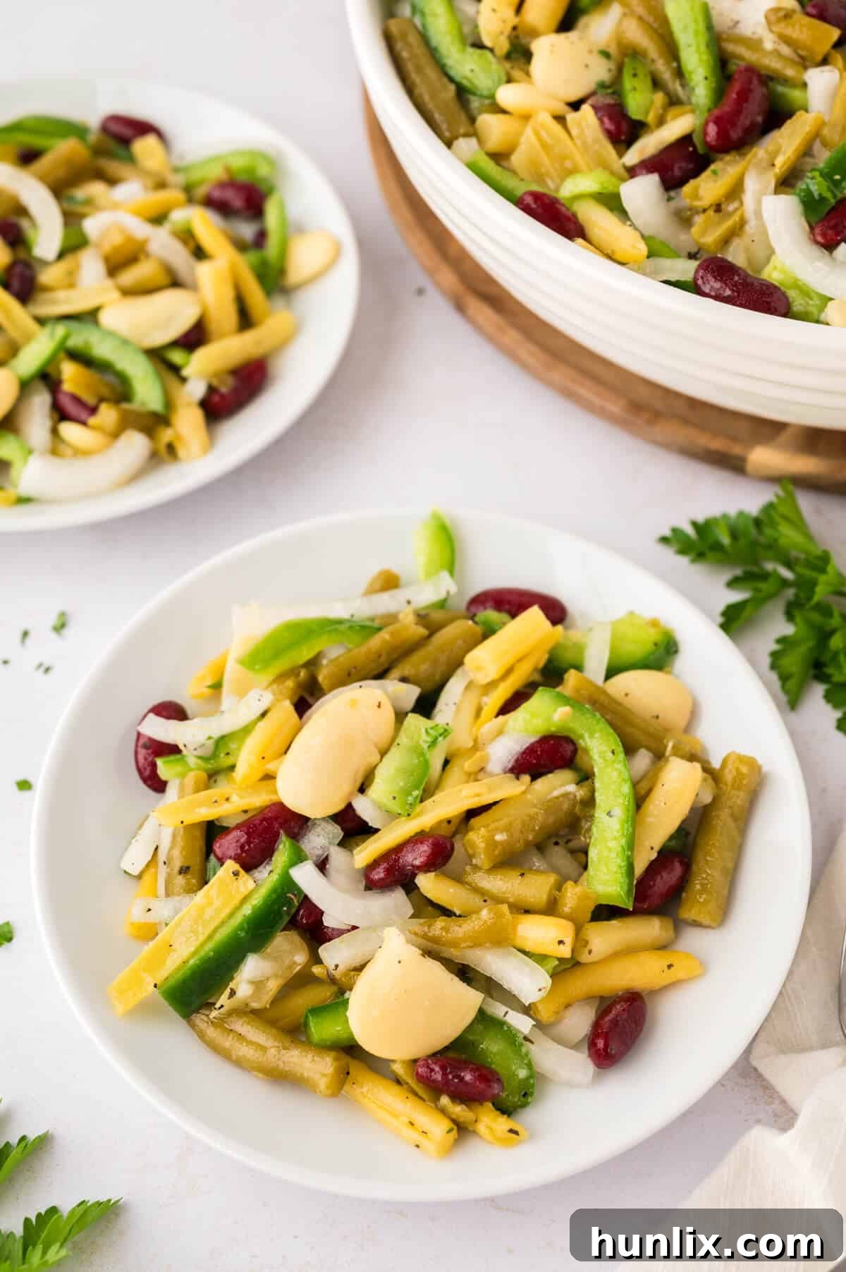 Vibrant Bean Medley 6 A portion of the fresh, colorful bean salad beautifully plated on a white ceramic dish, garnished with fresh herbs and ready to be served.