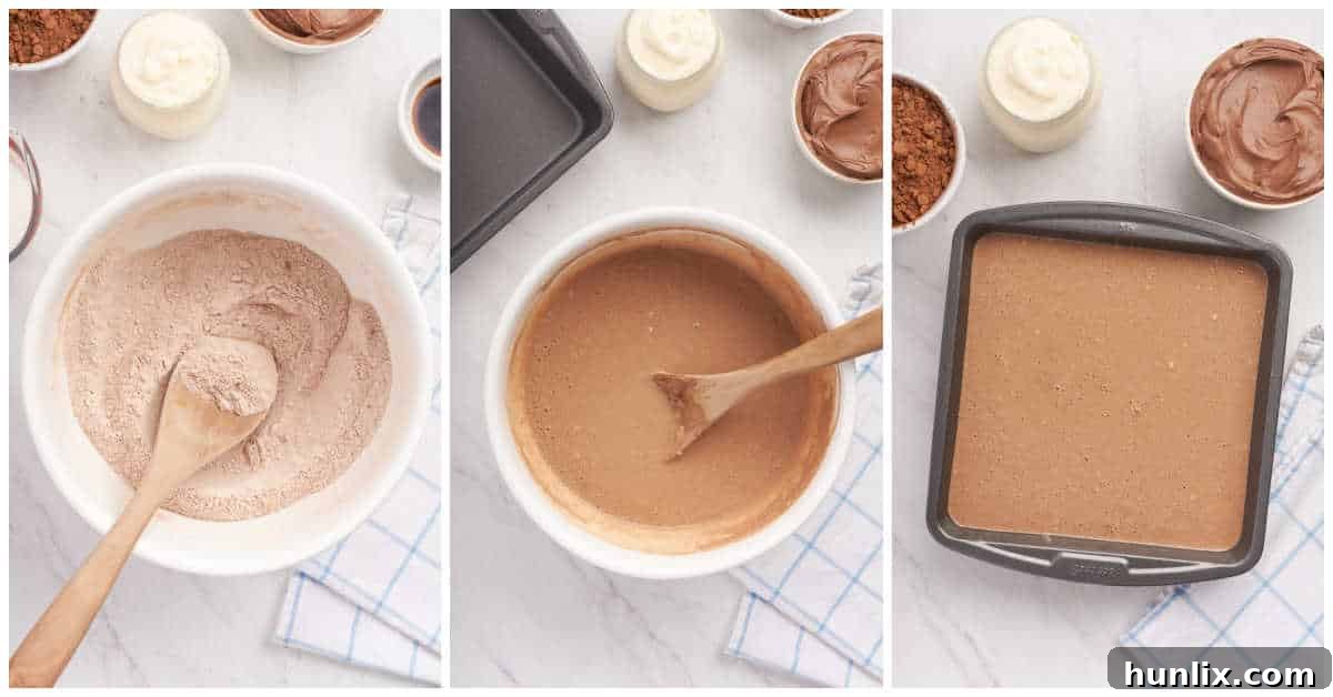 Collage of mixing ingredients in a bowl and adding to a baking pan.