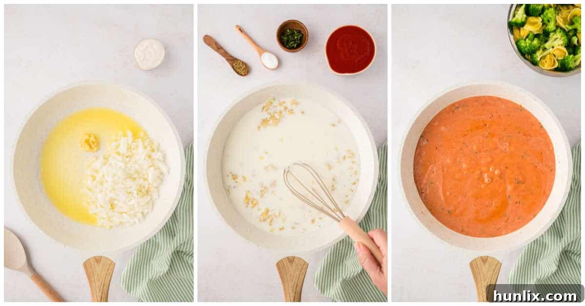 Collage of making the sauce in a pot.