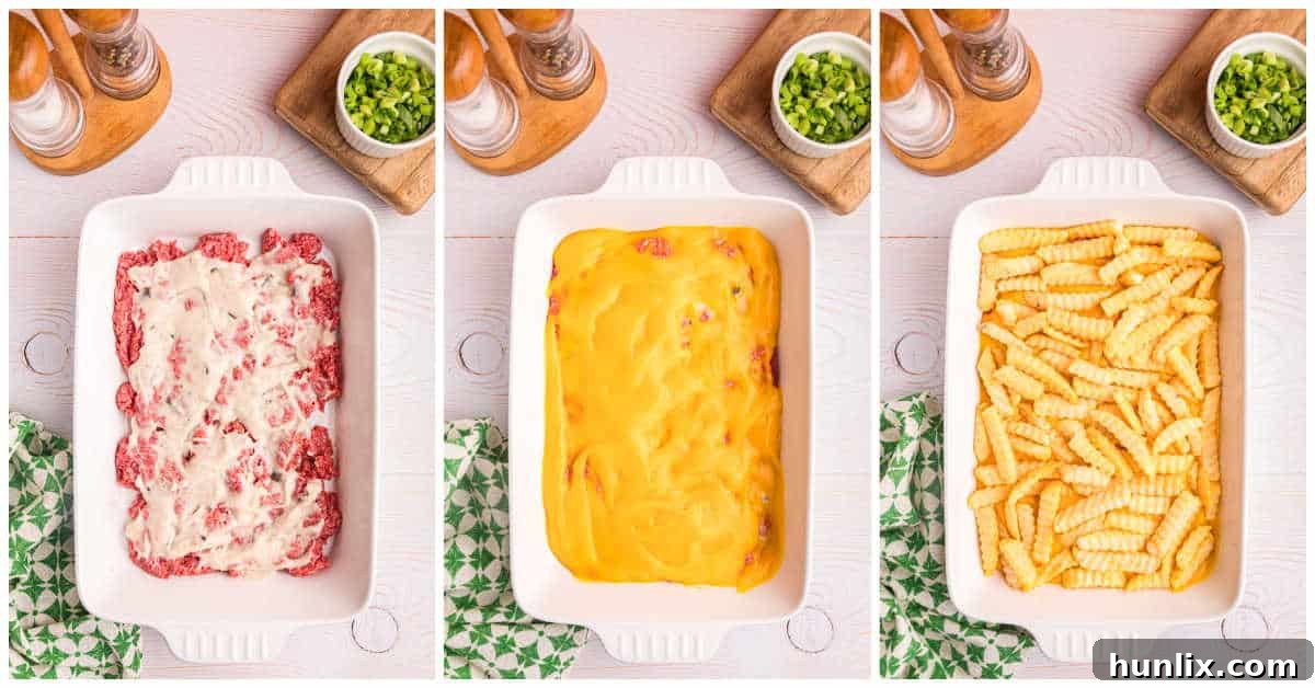 Crispy Spud Bake 4 A collage showing the simple steps to assemble French Fry Casserole: spreading ground beef, adding creamy soups, and topping with frozen French fries.