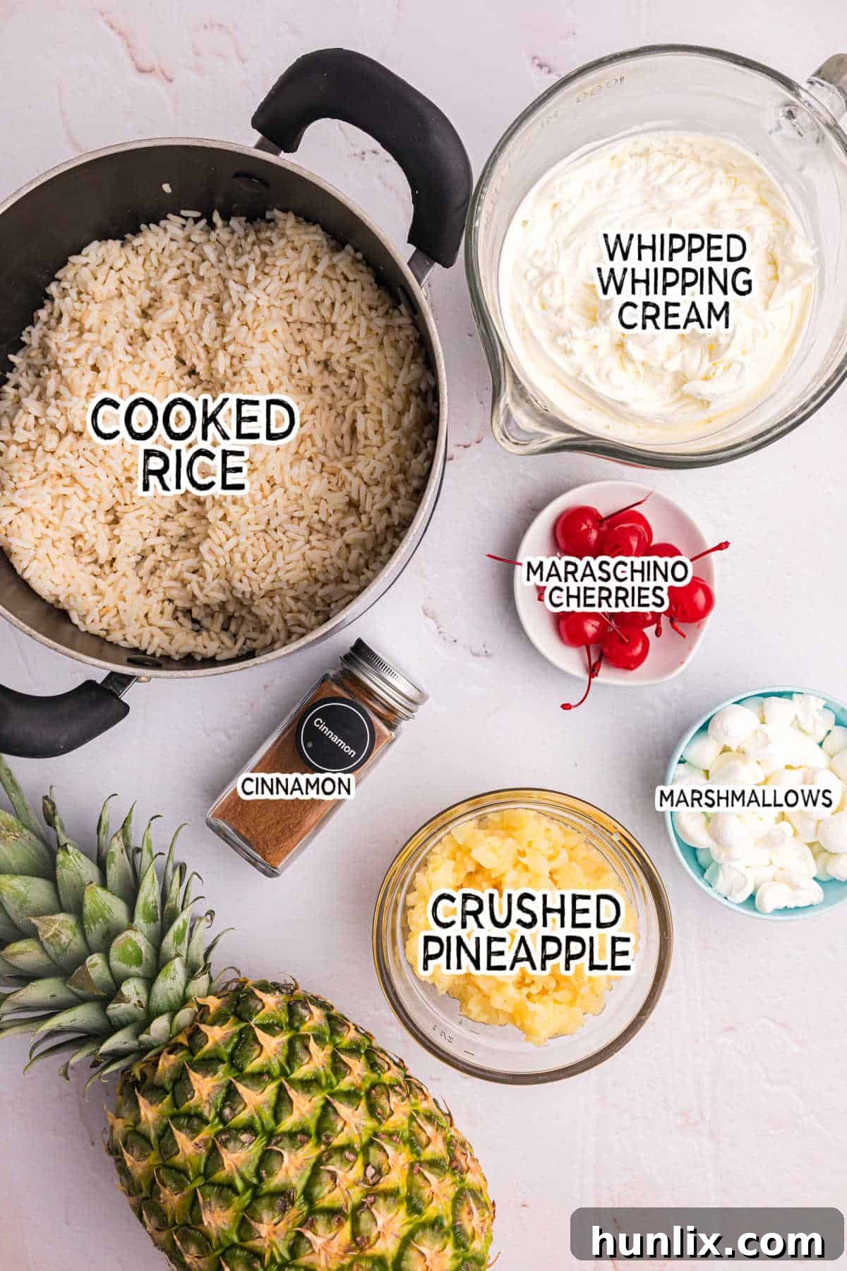All the fresh ingredients laid out before making the pineapple rice pudding.