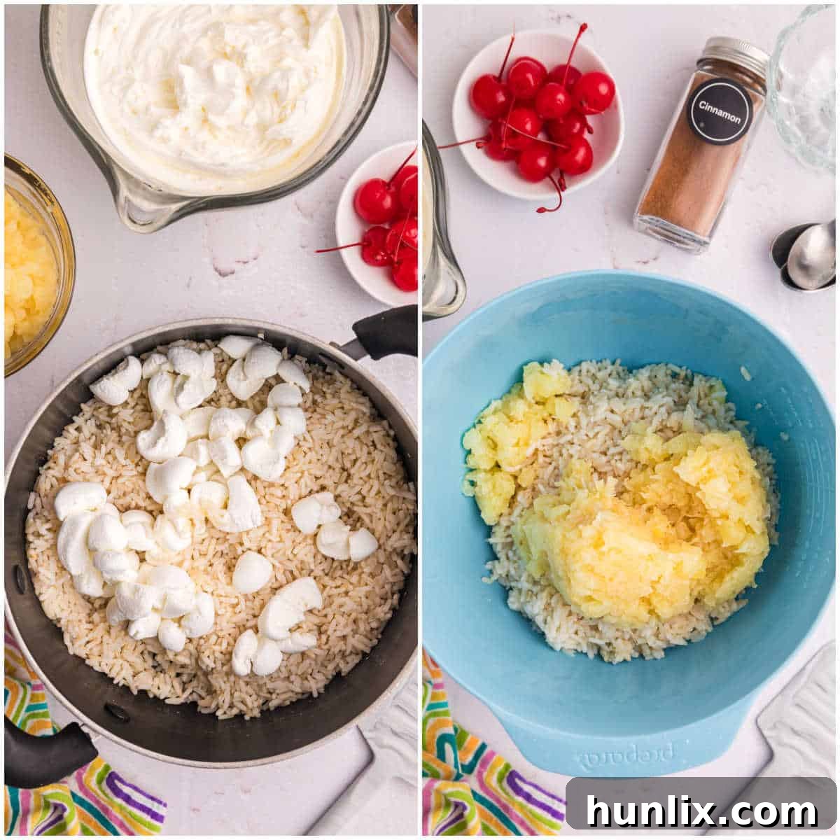 Two images showing the initial steps of mixing marshmallows into hot rice and then adding crushed pineapple.