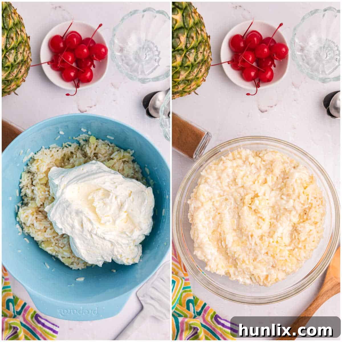 Two images depicting the final steps: stirring in whipped cream and then chilling the pudding in parfait dishes.