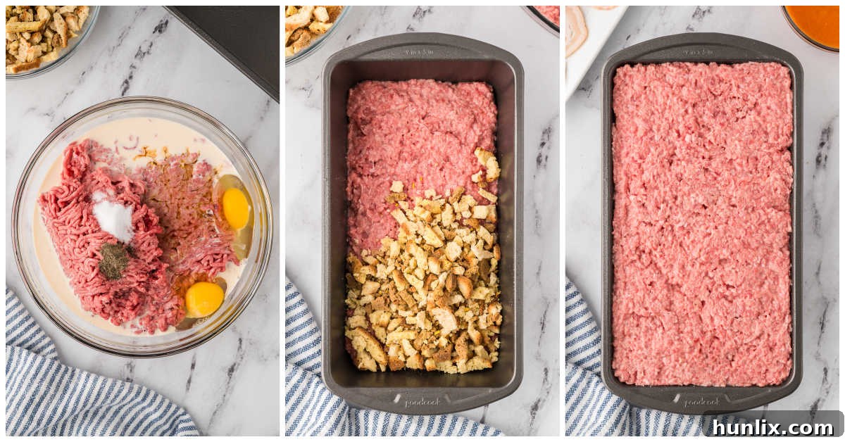 Sunday's Best Meatloaf 4 Visual steps for assembling Sunday Meatloaf: mixing ingredients and layering meat with stuffing.