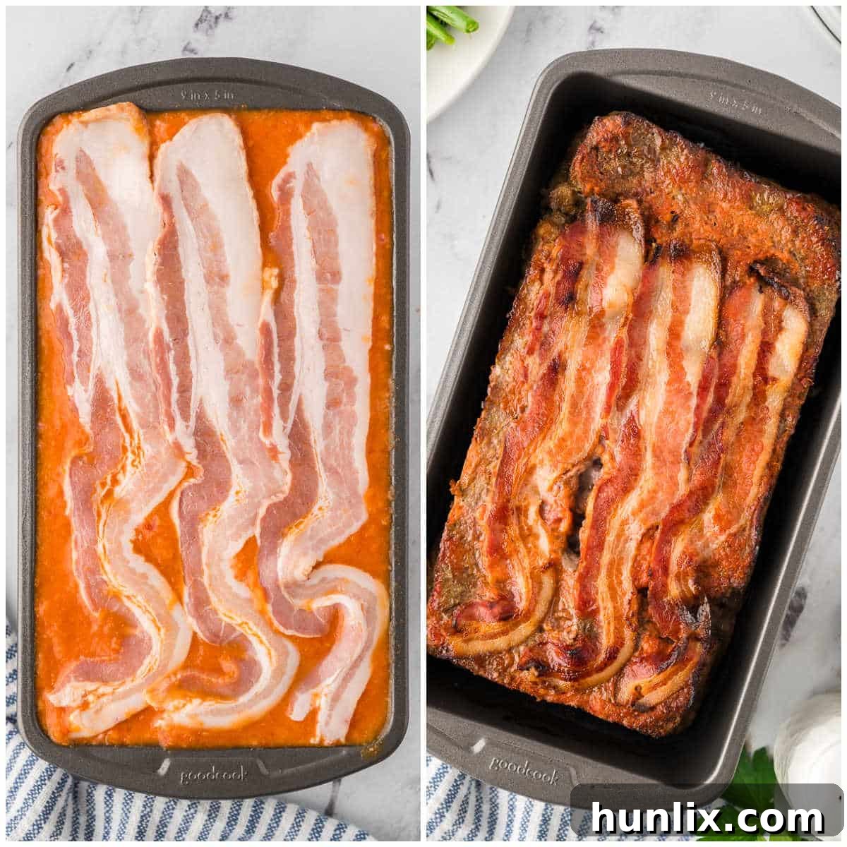 Sunday's Best Meatloaf 5 Steps to make Sunday Meatloaf: topping with tomato soup and laying bacon strips before baking.