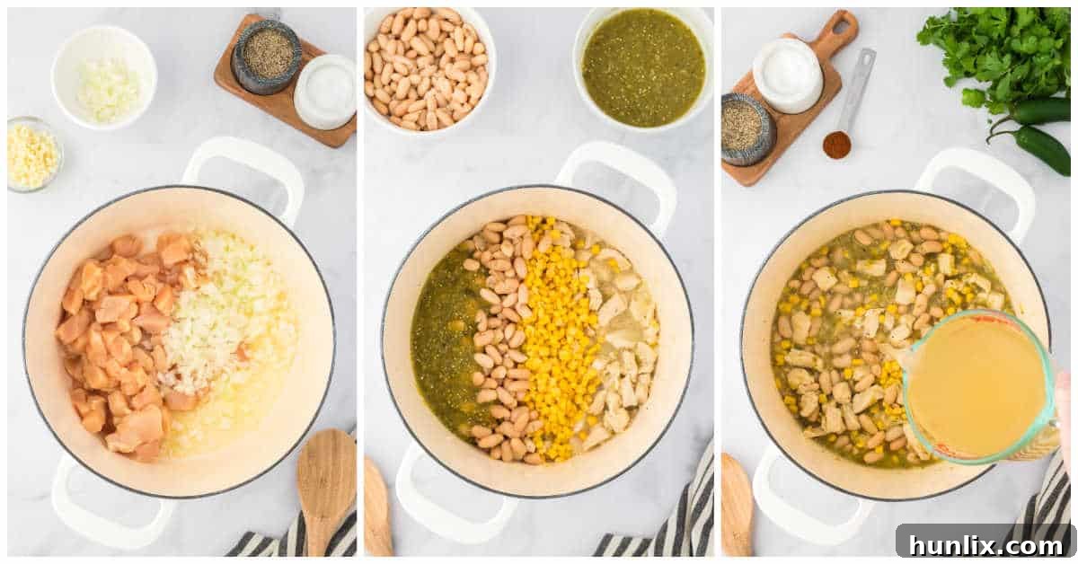 Sequential photos showing the preparation process for white chicken chili, from sautéing ingredients to simmering in a pot.