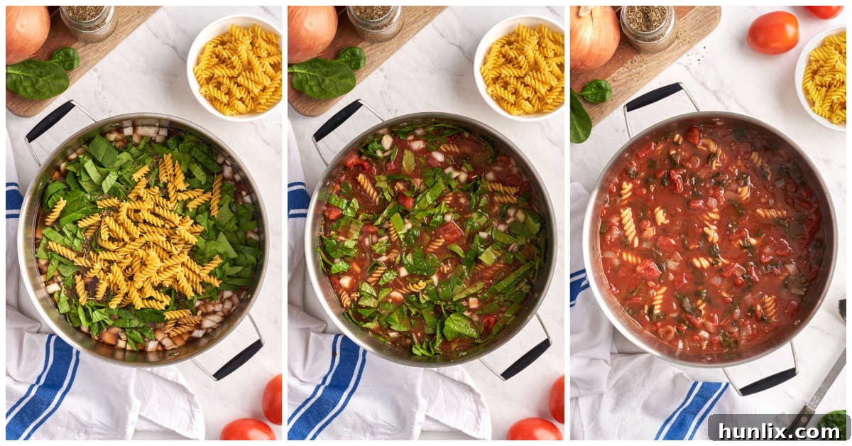 A collage showing the steps of cooking Tomato Florentine Soup in a pot.
