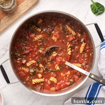 A pot of soup with a ladle.