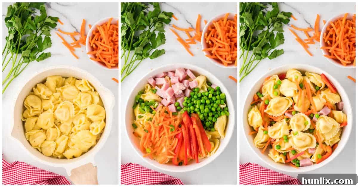 Two images side by side, showing the initial steps of preparing tortellini salad: cooking tortellini and combining ingredients in a bowl.