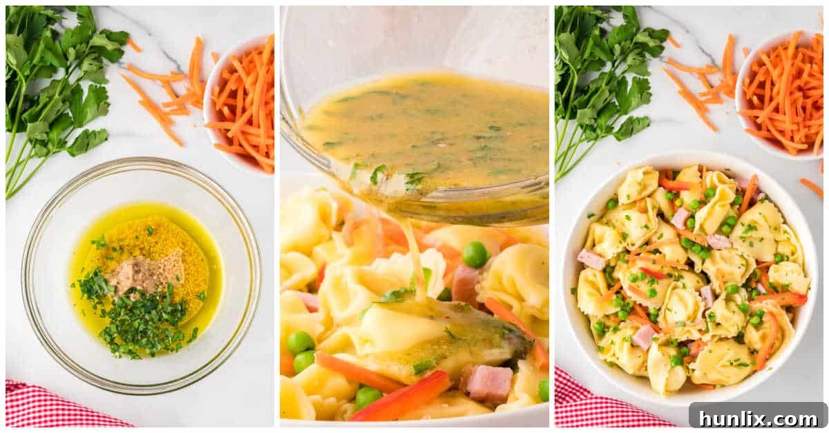 Two images side by side, showing the final steps of preparing tortellini salad: pouring dressing and chilling in a bowl.