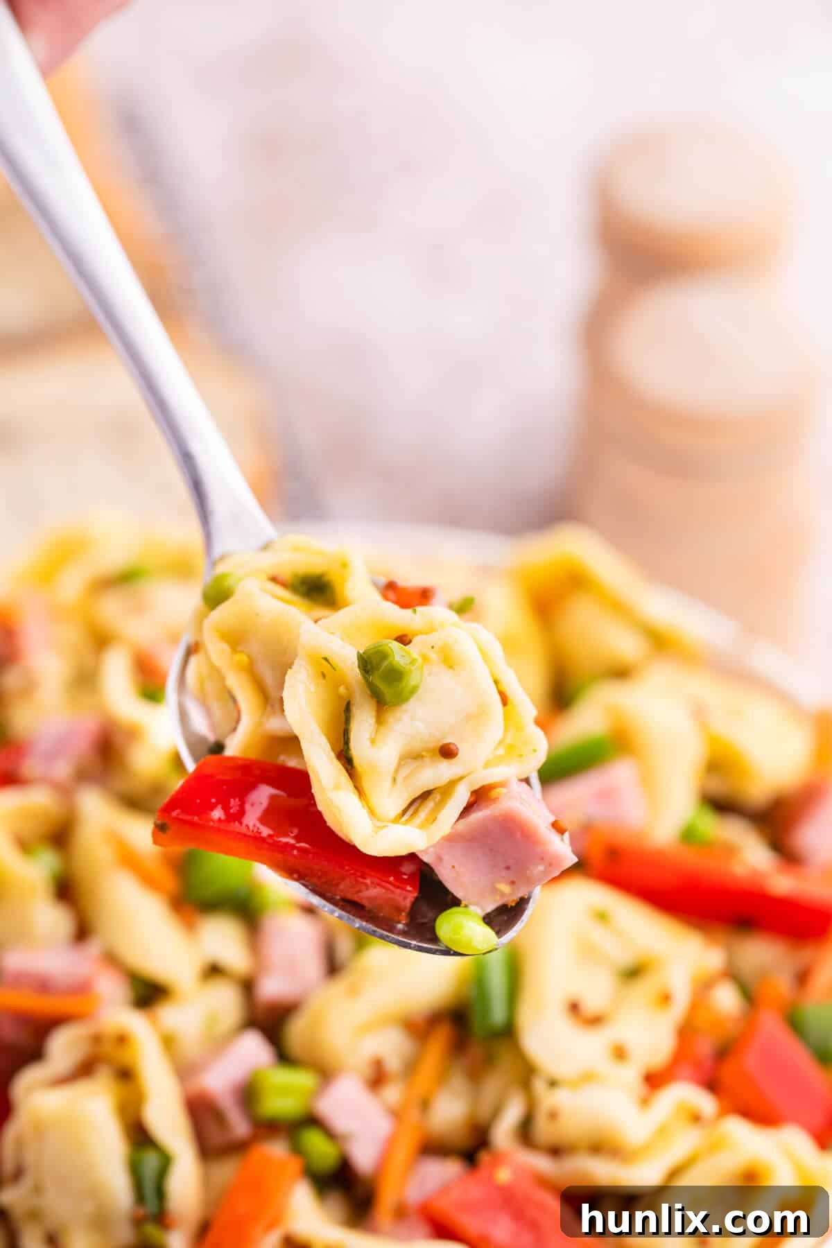 A spoonful of tortellini salad, showing the mixture of pasta, ham, and vegetables.
