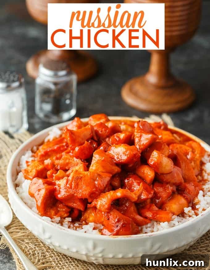 Russian Chicken - Sweet and tangy! This easy dinner recipe has a flavorful sauce made with Russian dressing, onion soup mix and apricot jam. Serve on a bed of rice for a delicious family meal.