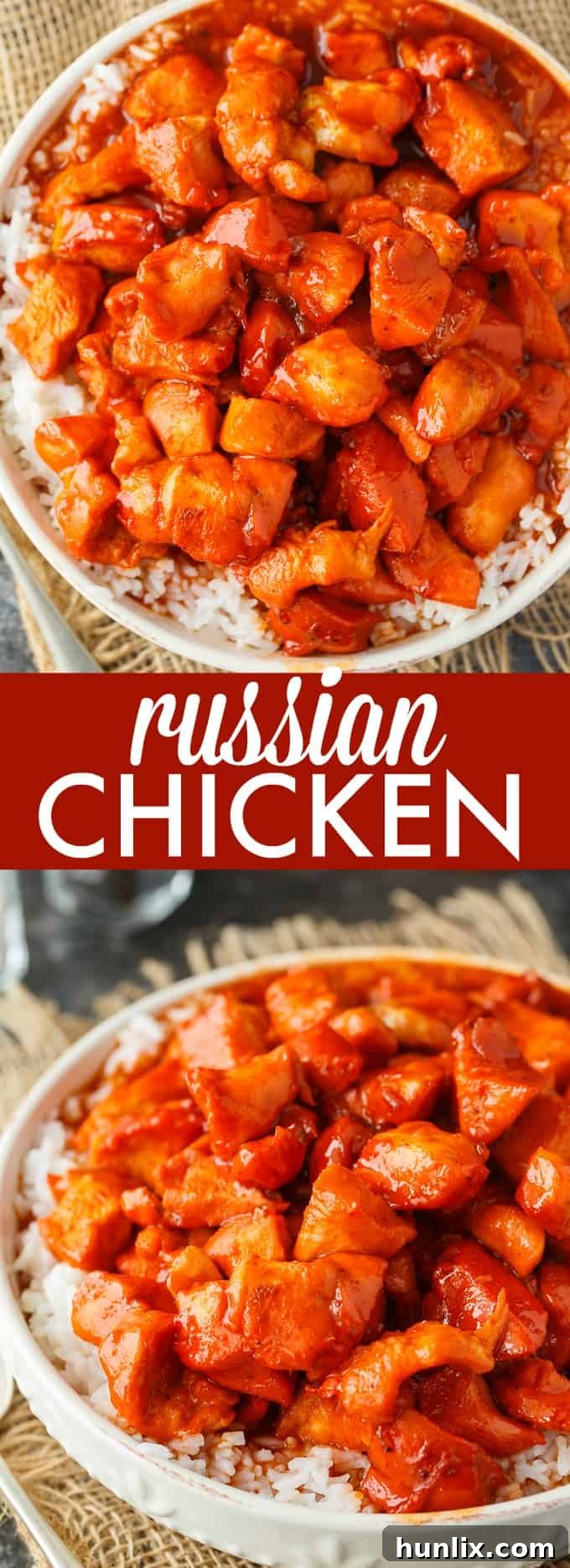 Russian Chicken - Sweet and tangy! This easy dinner recipe has a flavorful sauce made with Russian dressing, onion soup mix and apricot jam. Serve on a bed of rice for a delicious family meal.